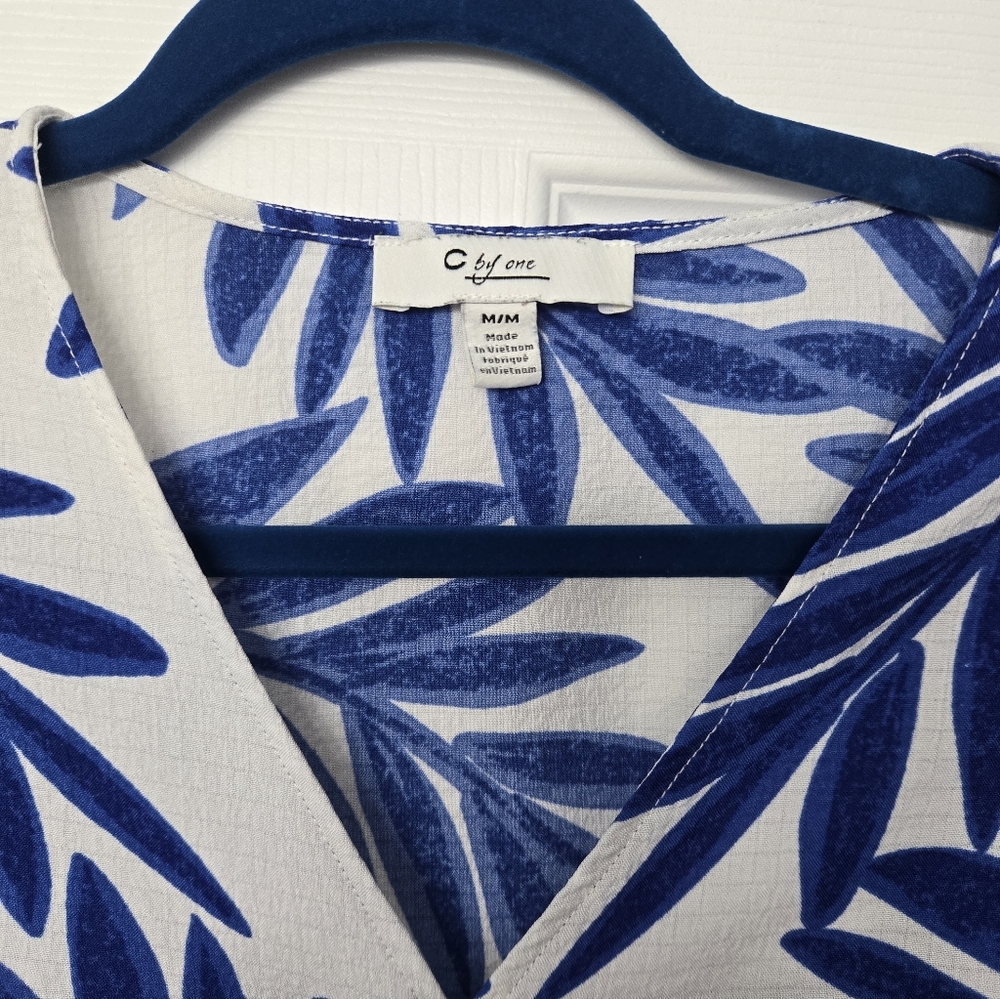 Blue Leaf Pattern Blouse, Tie Front - Picture 2 of 4